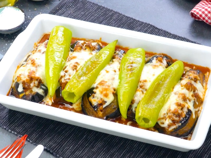 Fried Eggplant Casserole with Ground Beef and Banana Peppers