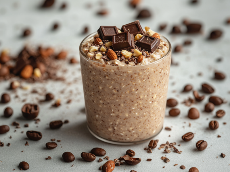 A glass of cold brew overnight oats sits on a gray surface. It is garnished with chocolate and nuts. Coffee beans and more nuts are scattered around the glass.
