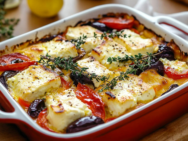 A ceramic baking dish with Greek feta bake.