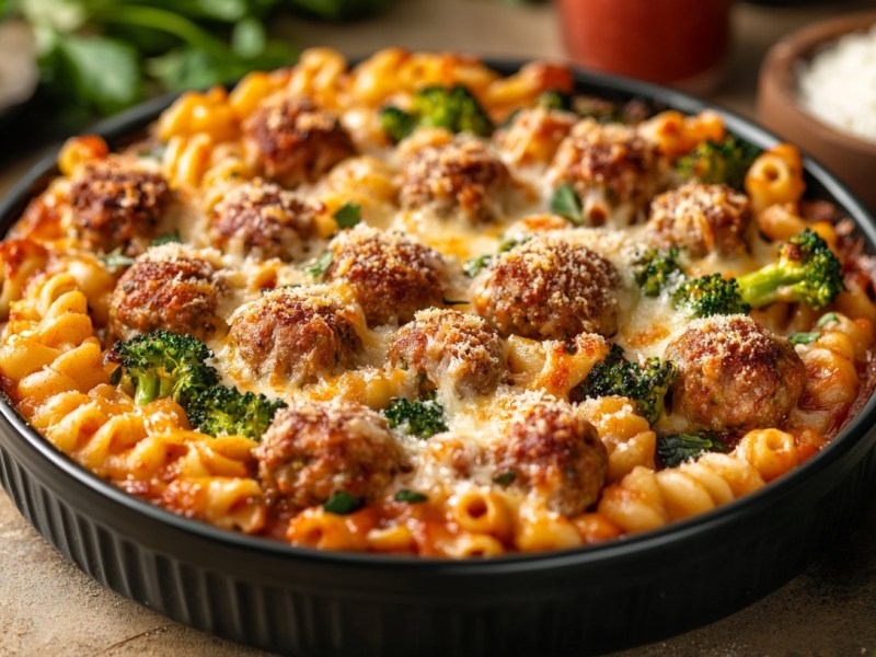 Pasta bake with meatballs in a round baking dish.