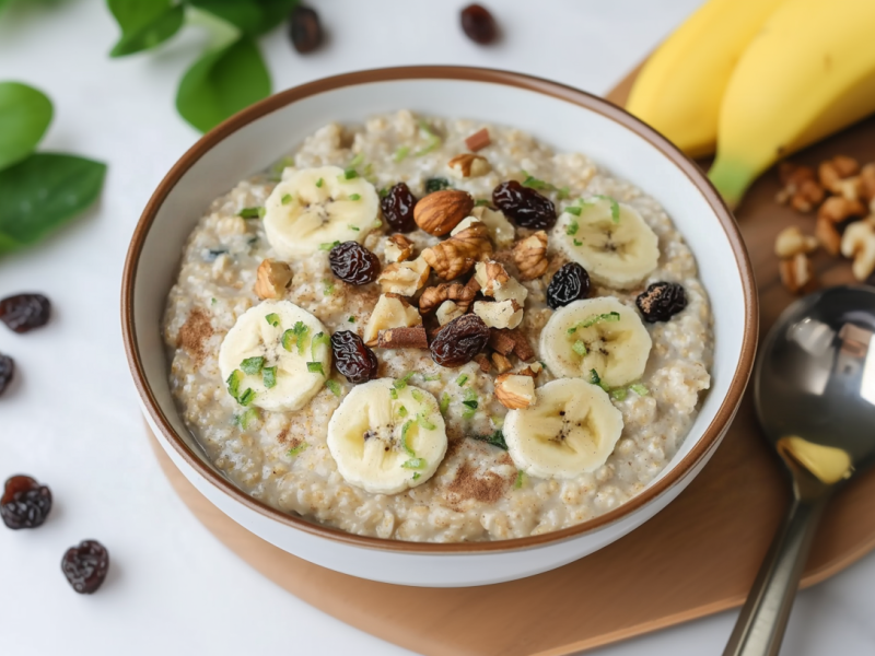 A bowl of zoats stands on a wooden board on a white table. To the right of it lies a spoon, nuts, raisins, and two bananas. To the left of the bowl are more raisins and some fresh herbs for decoration.