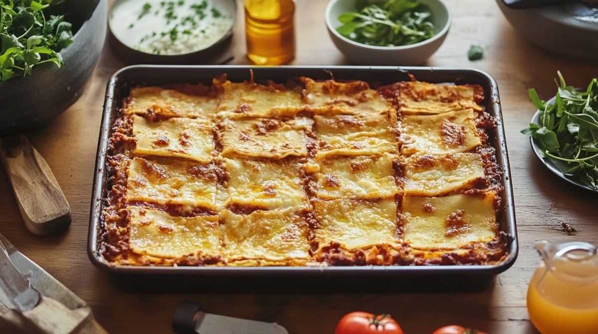 Sheet pan lasagna, surrounded by many different ingredients.