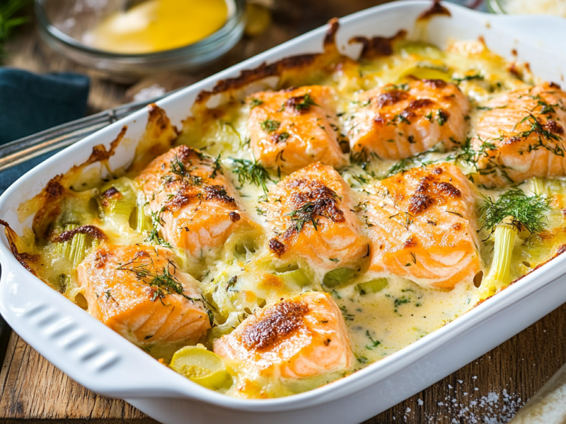 Leek and salmon casserole in a ceramic baking dish.