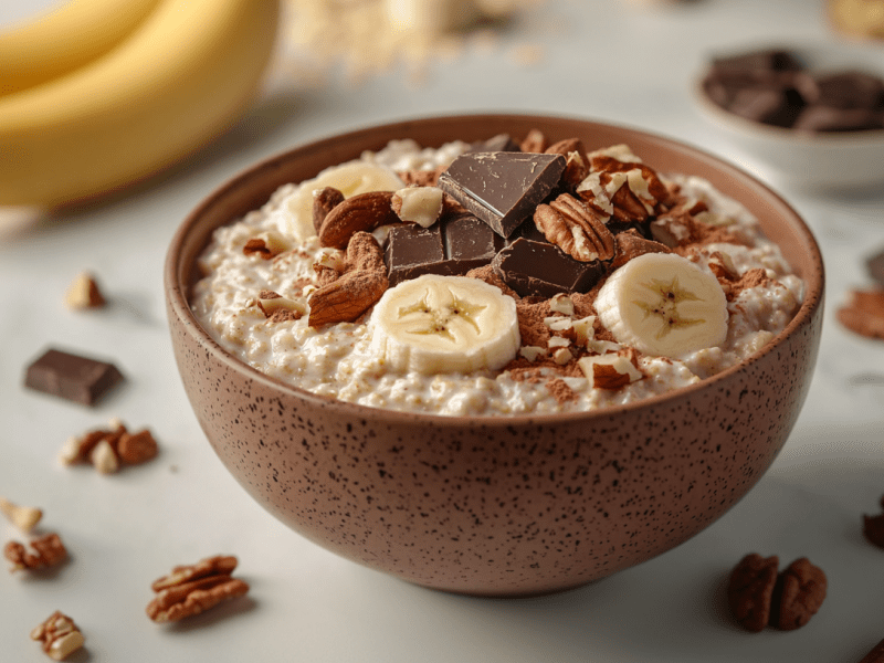 A bowl of microwave oatmeal stands on a white table. It is prepared with banana slices, nuts and broken chocolate. Nuts and pieces of chocolate are scattered around the bowl. In the background on the left are two bananas. In the background in the middle are more rolled oats, in the background on the right a bowl with dark chocolate.