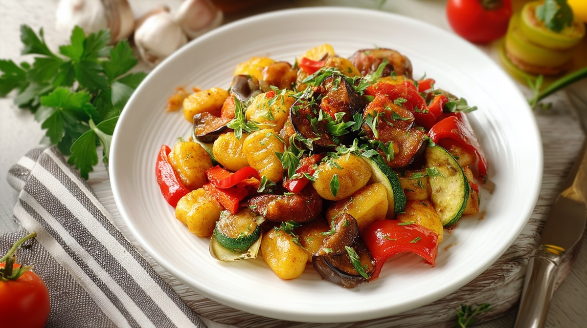 A plate of ratatouille gnocchi placed on a striped cloth napkin. A knife is lying to the right of the plate. In addition, ingredients such as fresh tomatoes, fresh parsley and garlic can be seen around the plate.