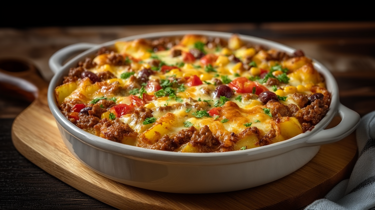 A cowboy casserole in a baking dish. The dish is on a wooden board on a dark surface. A kitchen towel lies to the right of the image.