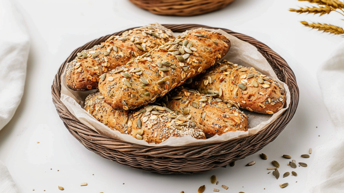 A wooden bread basket with several golden-brown baked oatmeal fingers coated with various seeds. The bread basket stands on a bright surface; seeds are scattered all around. In the background, a small piece of another bread basket is blurred.