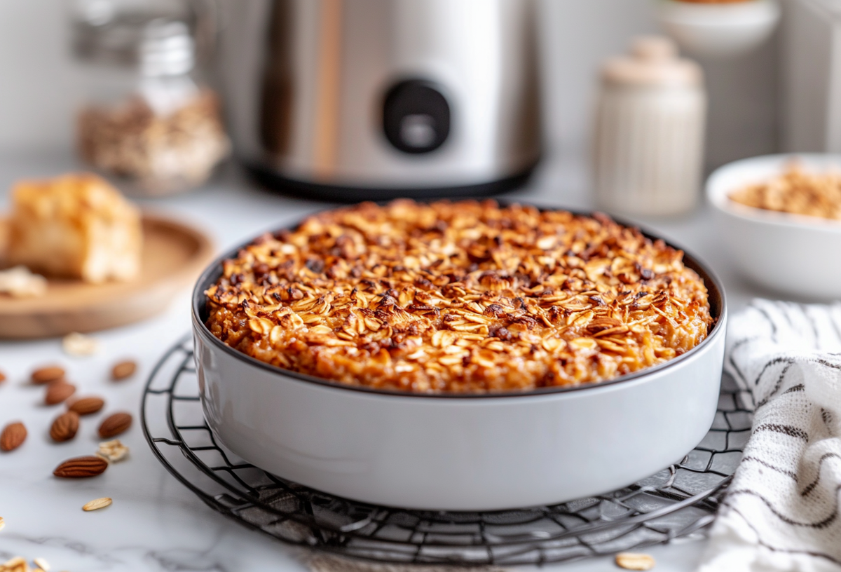 Baked oats from the air fryer in a round dish. An air fryer is visible in the background.