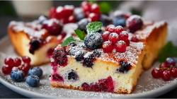 Plate with a piece of buttermilk cake with berries.