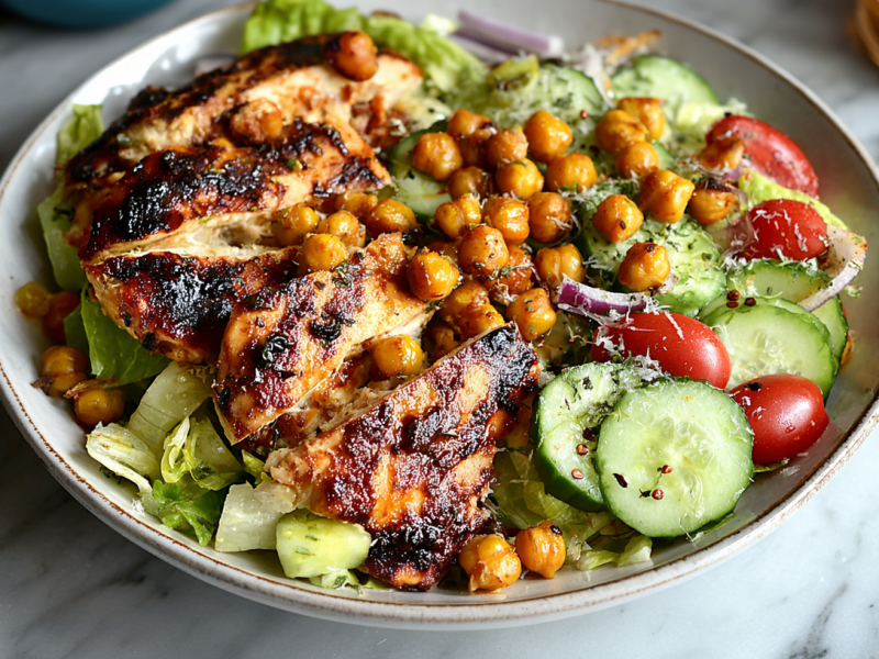 A deep plate of chickpea salad with grilled chicken.