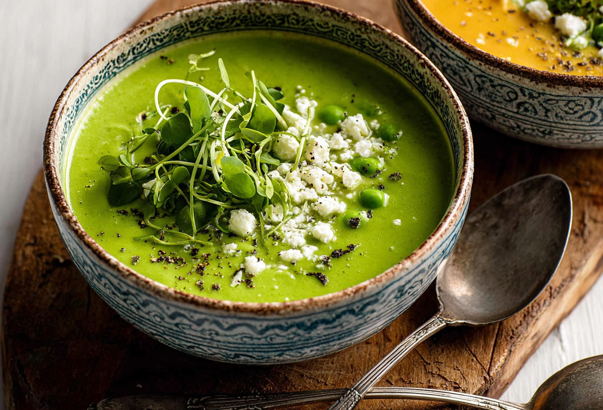 A bowl of chilled pea soup with feta.