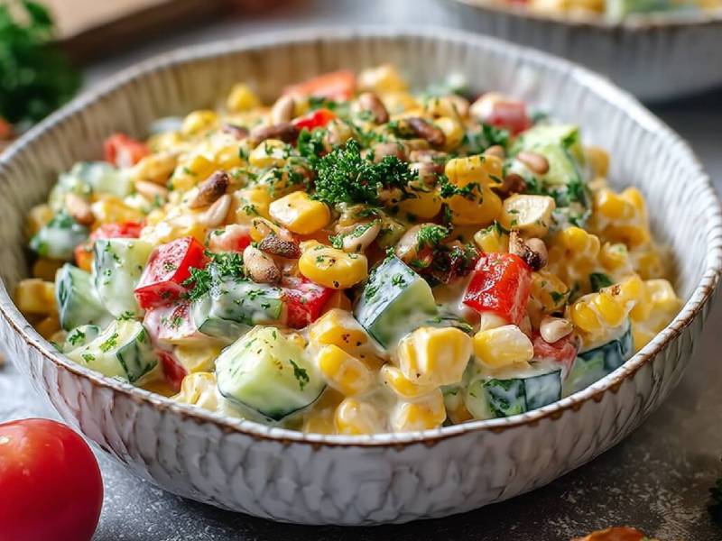 Bowl of corn and bell pepper salad on a table