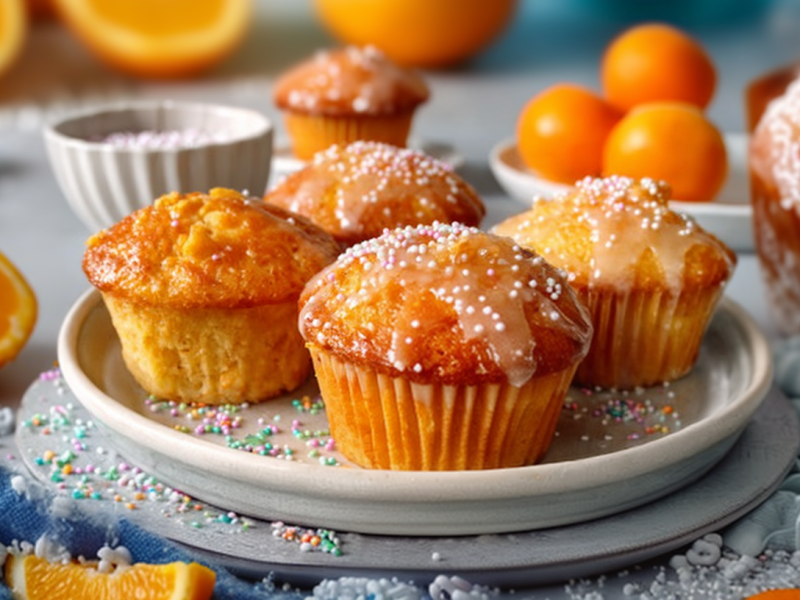 A plate of Fanta cupcakes with frosting and sprinkles. In the background are halved oranges.