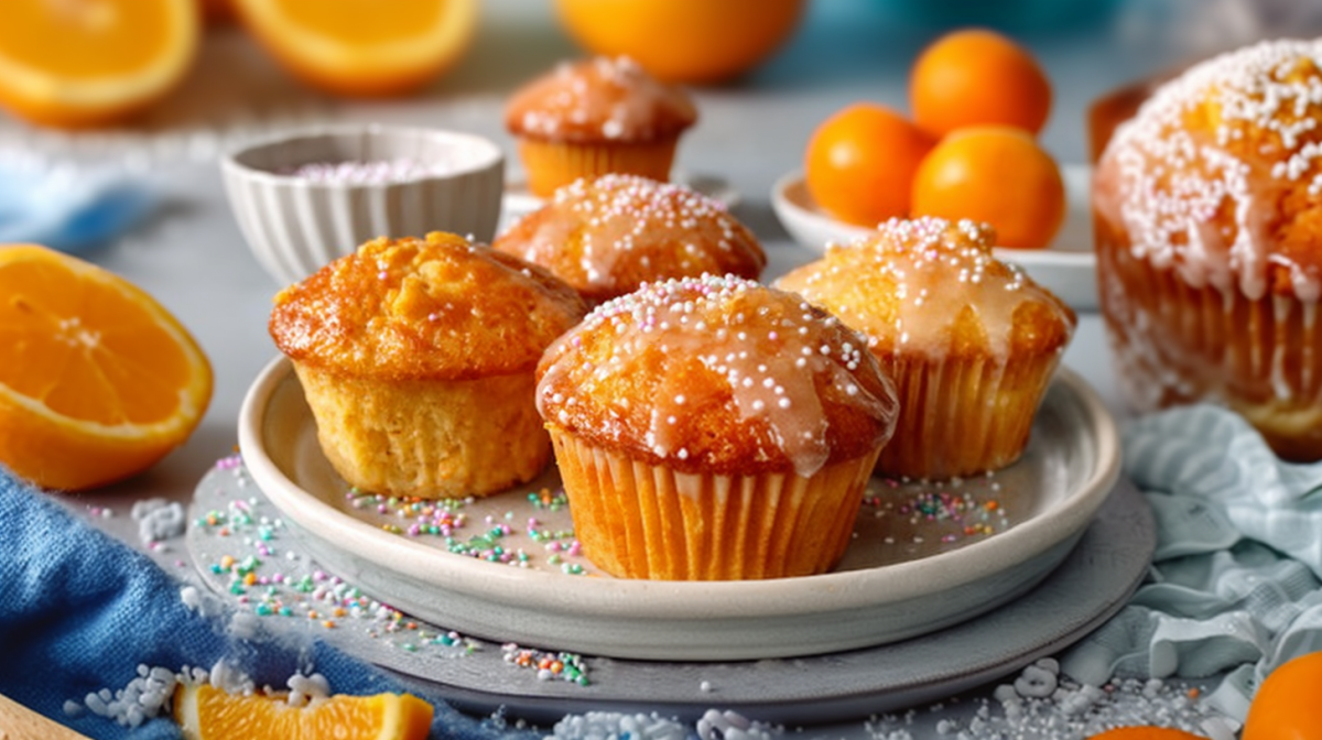 A plate of Fanta cupcakes with frosting and sprinkles. In the background are halved oranges.