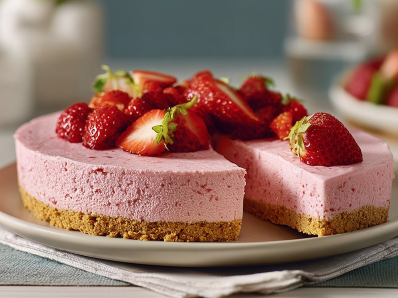 A no-bake skyr strawberry cake is arranged on a plate. One piece is cut.