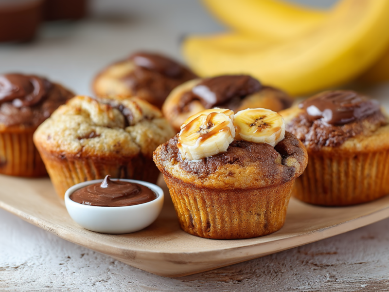 Nutella-banana muffins served on a plate. Next to it is a small bowl of Nutella.