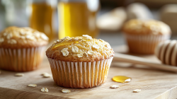 A golden honey oat muffin on a wooden block with honey behind it.