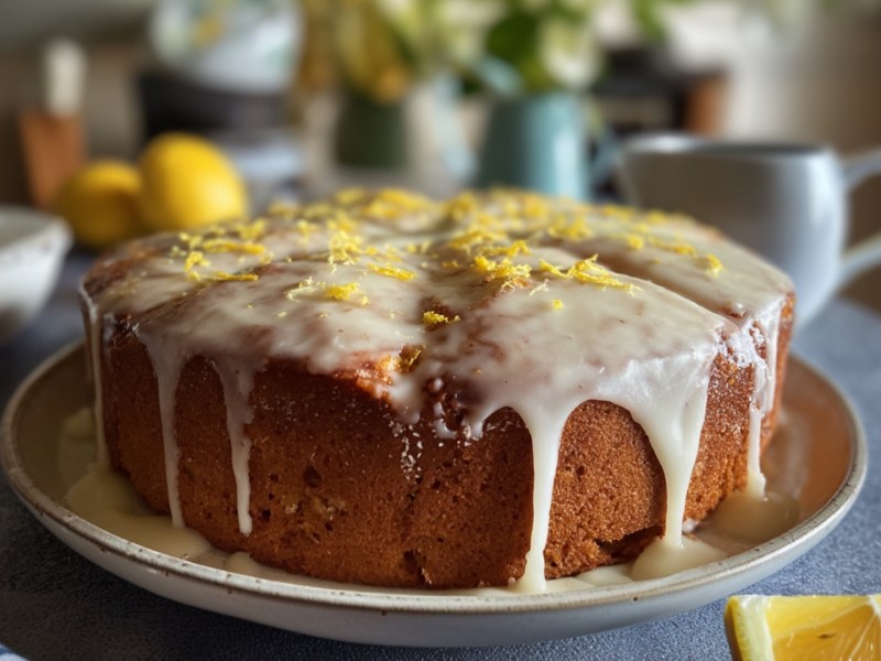 A banana condensed milk cake with lemon glaze.