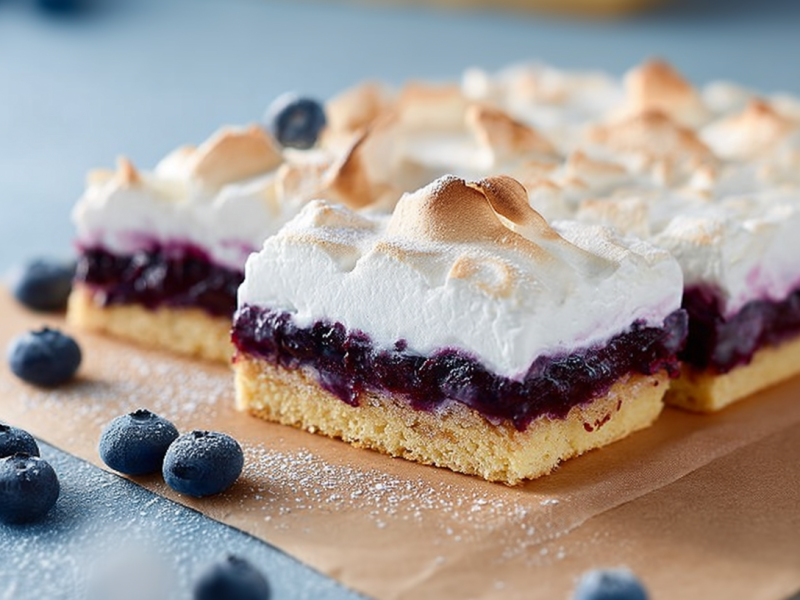 Several pieces of blueberry meringue sheet cake are arranged on a piece of baking paper. A few blueberries are scattered around as decoration.