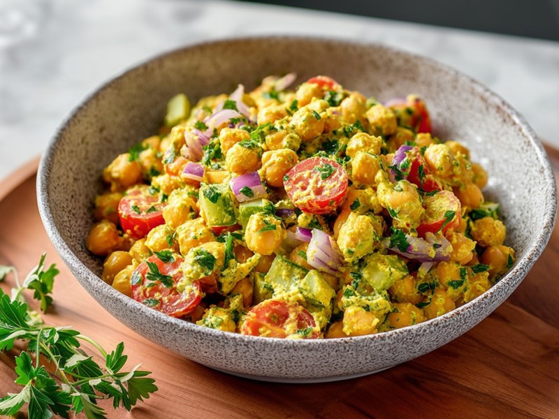 A bowl of chickpea salad with curry dressing, also placed on a wooden plate.