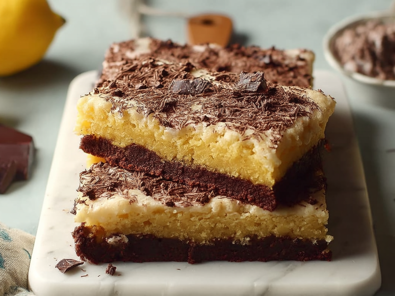 Several pieces of chocolate lemon sheet cake.