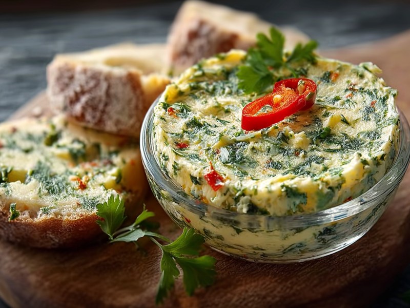 A small glass bowl with cilantro-chili butter, decorated with some fresh cilantro and chili. Next to the butter are a few slices of bread. One is spread with the butter.