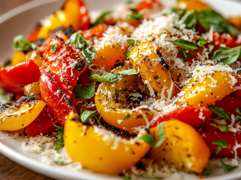 Grilled bell pepper salad with Parmesan and basil on a plate, close-up.