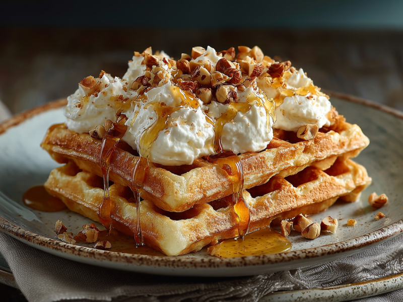 Two hazelnut waffles on a gray plate. They are garnished with vanilla cream, honey, and roasted hazelnuts.