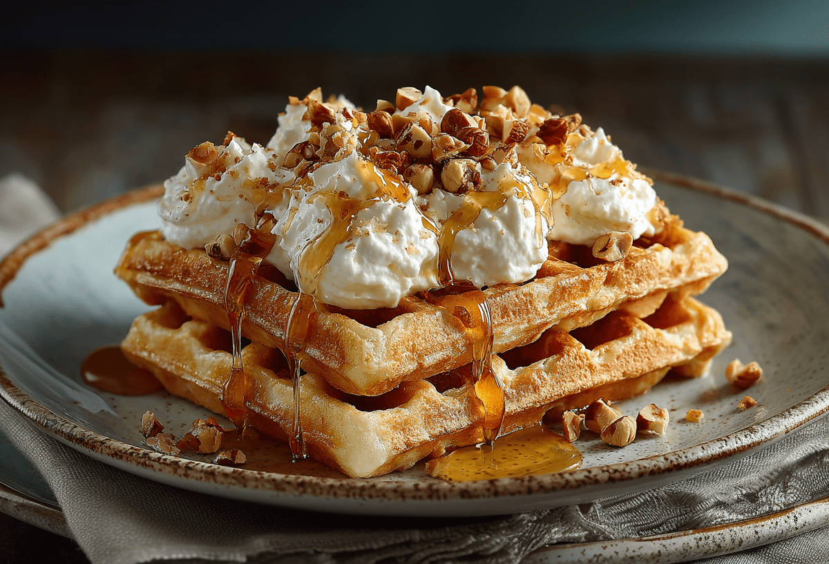 Two hazelnut waffles on a gray plate. They are garnished with vanilla cream, honey, and roasted hazelnuts.