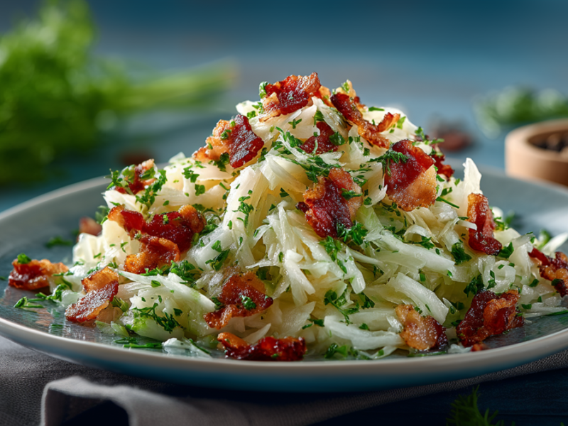 A plate of kohlrabi salad with crispy bacon. In the background lies an apple and a bowl of peppercorns. You can also see a fresh bunch of parsley.