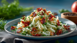 A plate of kohlrabi salad with crispy bacon. In the background lies an apple and a bowl of peppercorns. You can also see a fresh bunch of parsley.