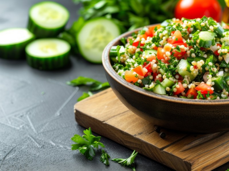 Bowl of parsley salad, tomatoes, and cucumber on a wooden board and dark background