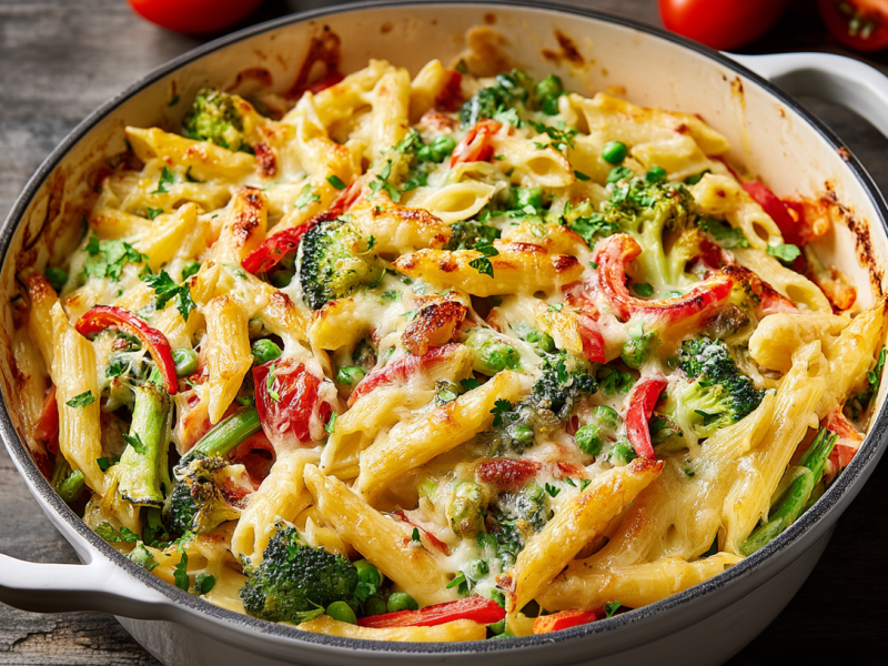 Pasta Primavera Casserole in an enamel pot, topped with cheese.