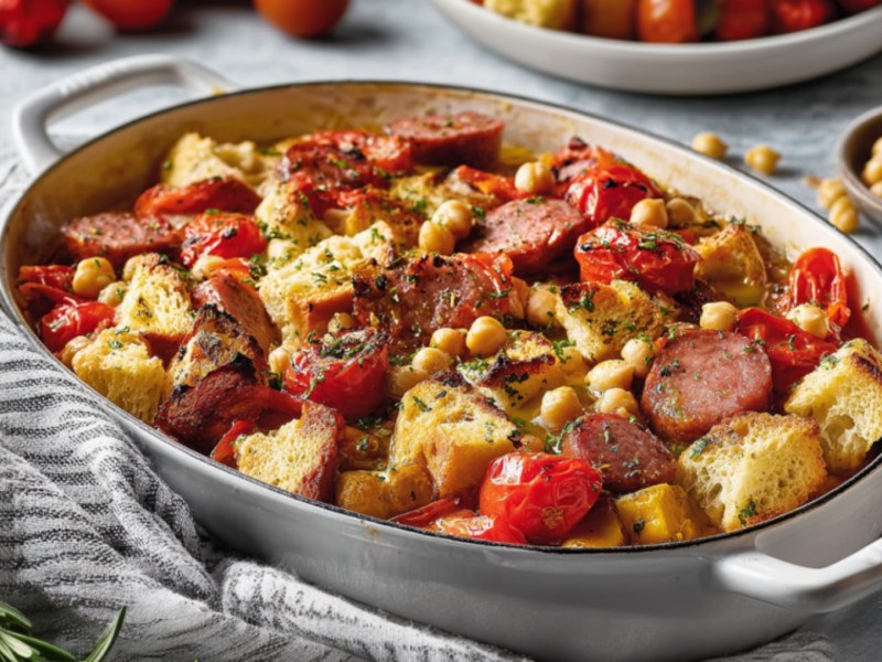 A sausage casserole with bread, tomatoes, and chickpeas, seen from above. The ingredients are visible around the dish.