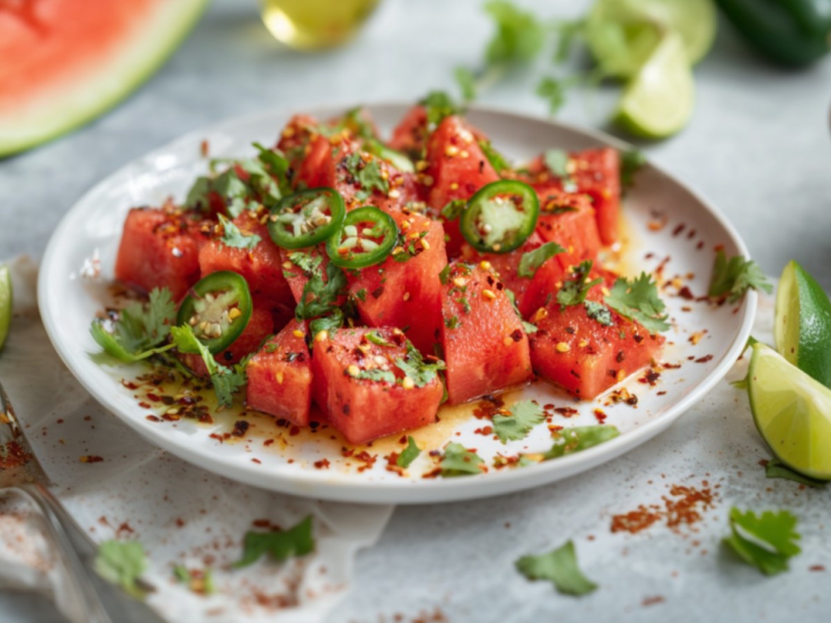Spicy watermelon salad on a plate with jalapeños and cilantro.