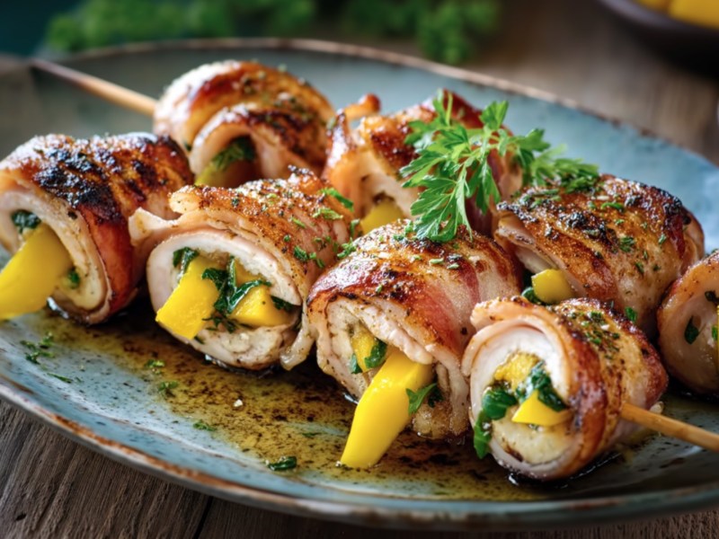 Several turkey-mango skewers on a plate.