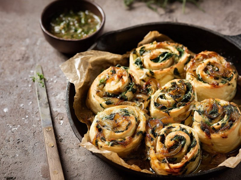 A deep cast iron pan with vegan spinach rolls. Next to it is a thin knife. There is also a small bowl of liquid garlic butter next to it.