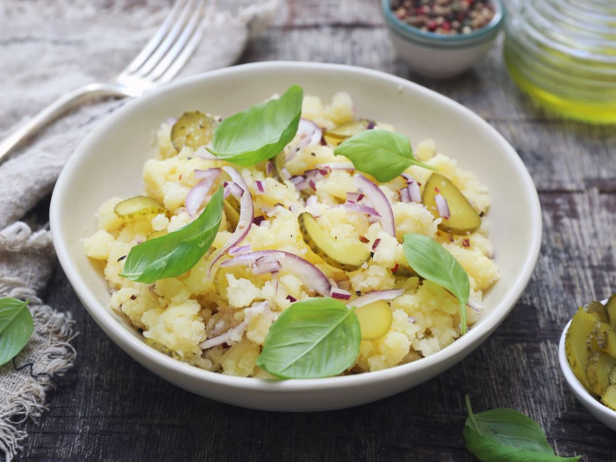 Smashed Potato Salad, served in a nice bowl.