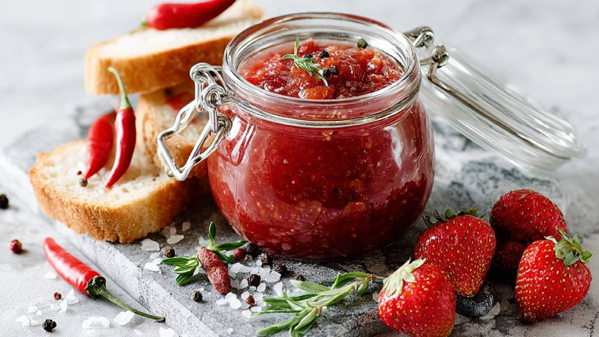Jar of strawberry chutney on a table