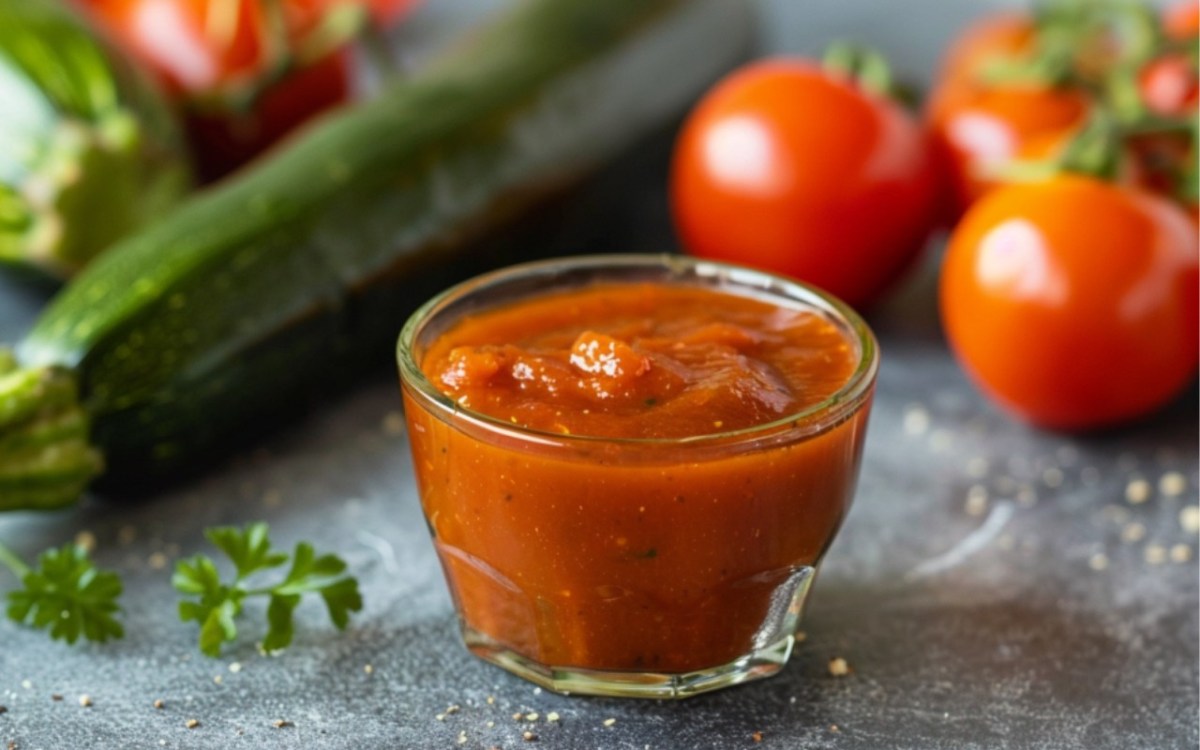 A bowl of zucchini ketchup. Fresh ingredients are arranged around it.