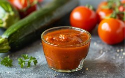 A bowl of zucchini ketchup. Fresh ingredients are arranged around it.