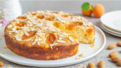 Sliced apricot-almond cake on a plate