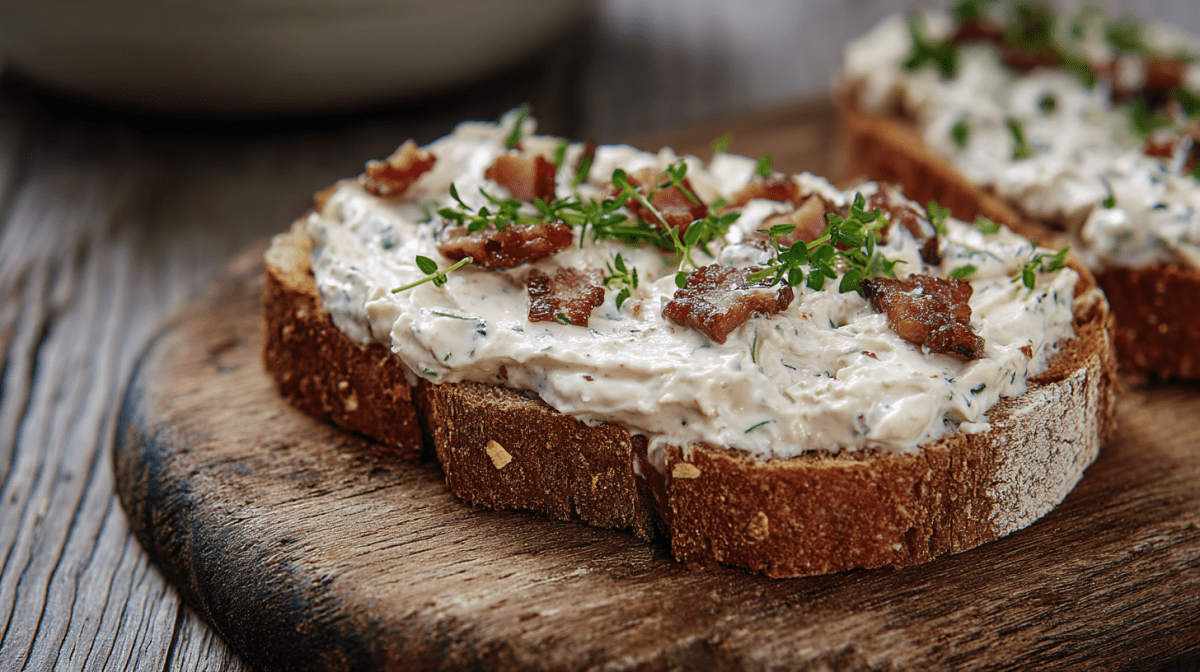 A bread with bacon and cream cheese spread.