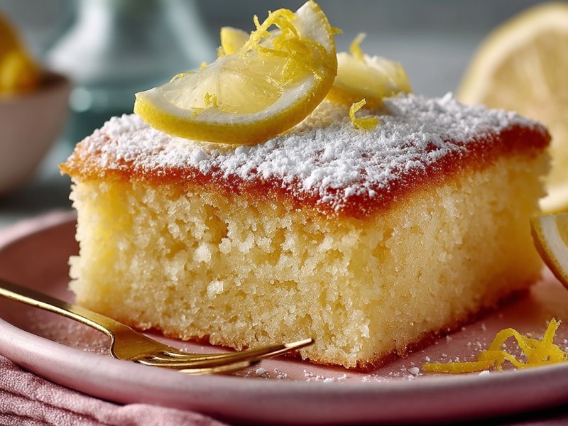 a piece of buttermilk sheet cake with lemon on a plate, garnished with powdered sugar