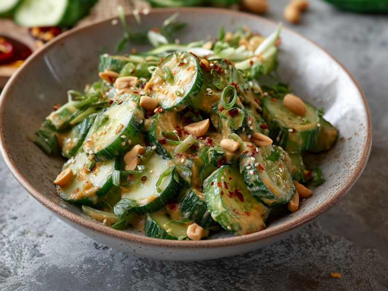 A bowl of cucumber salad with peanut dressing.