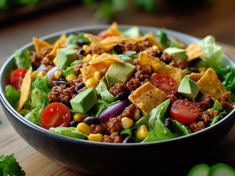 A bowl of nacho salad with avocado, corn, beans, ground beef and other ingredients. Close-up.
