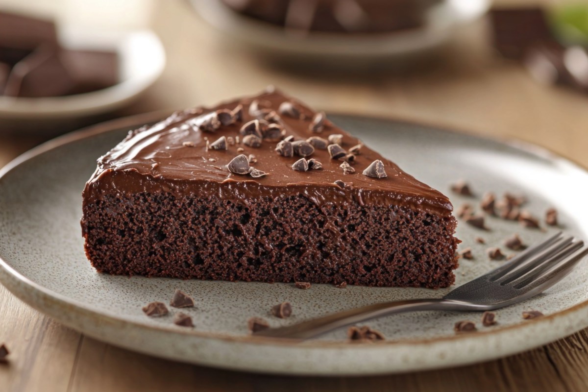A piece of Nutella cake with chocolate shavings on a plate.