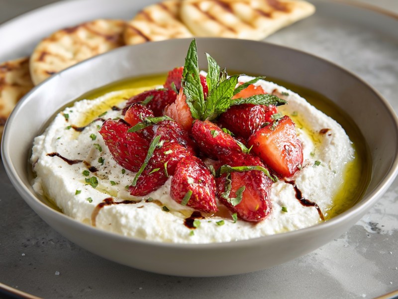 A bowl of ricotta dip with roasted strawberries. The bowl is on a large plate. In the background, you can see three small pita breads.