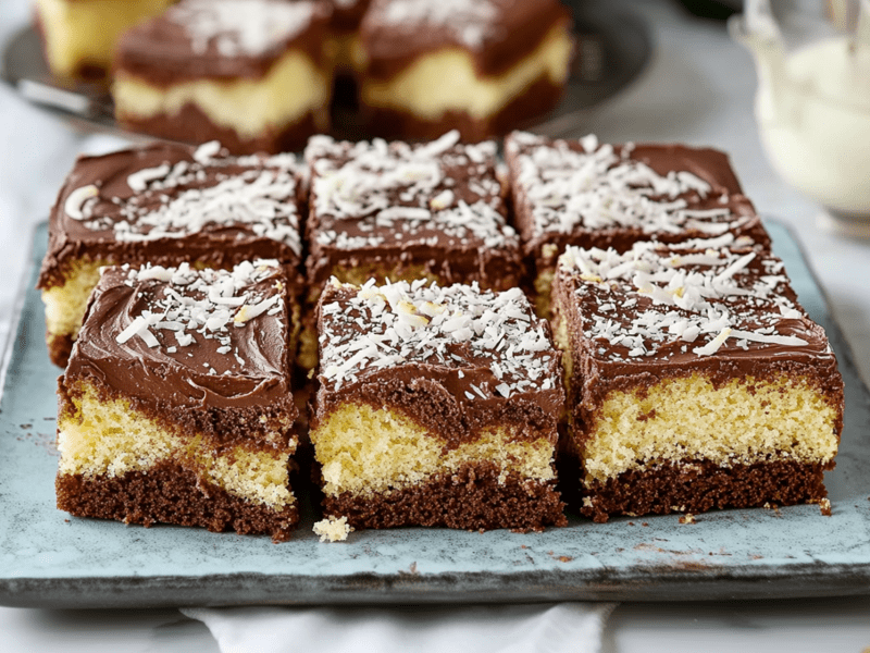 A large rectangular plate with square pieces of chocolate coconut cake topped with a chocolate glaze and shredded coconut. Behind the plate you can see another plate with chocolate coconut cake pieces. You can also see a white cloth lying around. And a glass container with milk or cream can be seen.