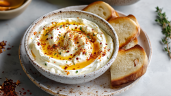 A bowl of feta cream with hot honey on a plate. Next to the bowl are three sliced pieces of bread. To the left of the plate are some chili flakes. On the right side of the image is some fresh thyme.